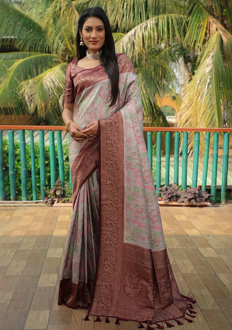 Grey Woven Zari Pure Kanjeevaram Silk Saree Set - Indya