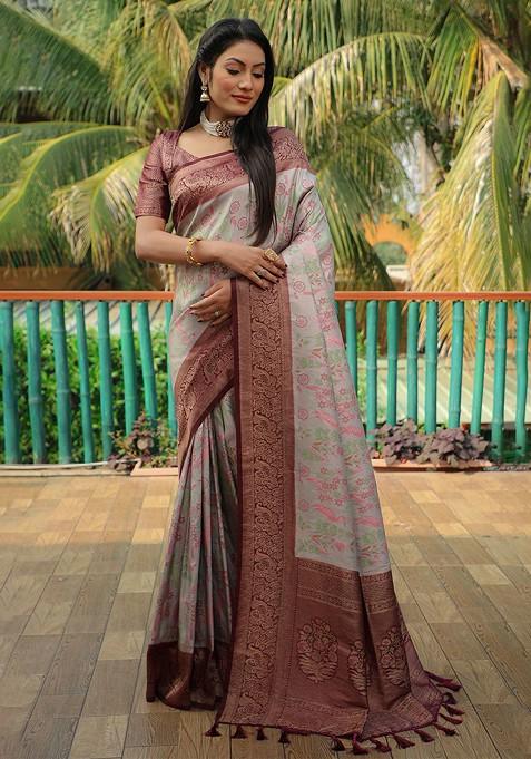 Grey Woven Zari Pure Kanjeevaram Silk Saree Set