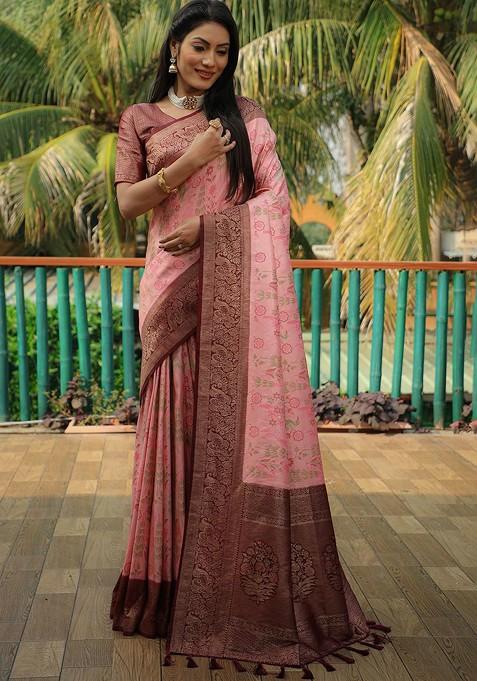 Pink Woven Zari Pure Kanjeevaram Silk Saree Set