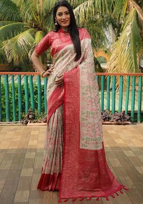 Cream Woven Zari Pure Kanjeevaram Silk Saree Set