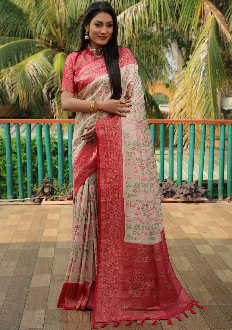 Cream Woven Zari Pure Kanjeevaram Silk Saree Set