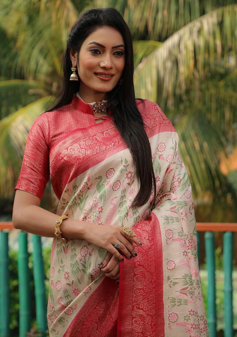 Cream Woven Zari Pure Kanjeevaram Silk Saree Set