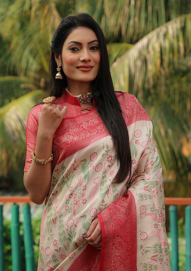 Cream Woven Zari Pure Kanjeevaram Silk Saree Set