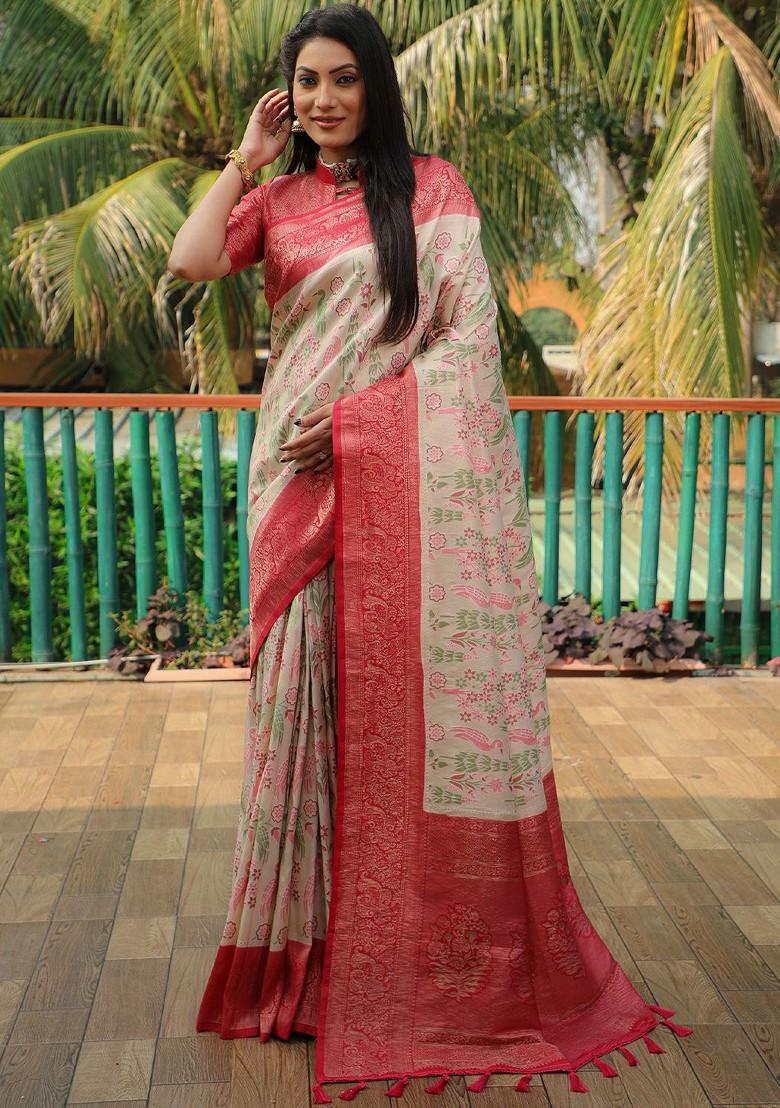 Cream Woven Zari Pure Kanjeevaram Silk Saree Set