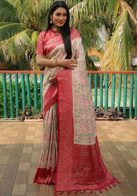 Cream Woven Zari Pure Kanjeevaram Silk Saree Set