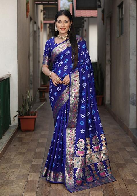 Blue Zari Pure Silk Bandhani Saree Set