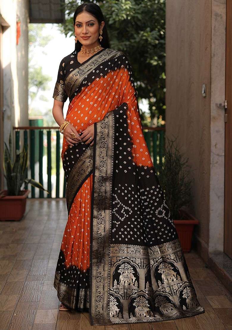 Orange Zari Pure Silk Bandhani Saree Set for Diwali | Wedding & Festive Wear - Indya
