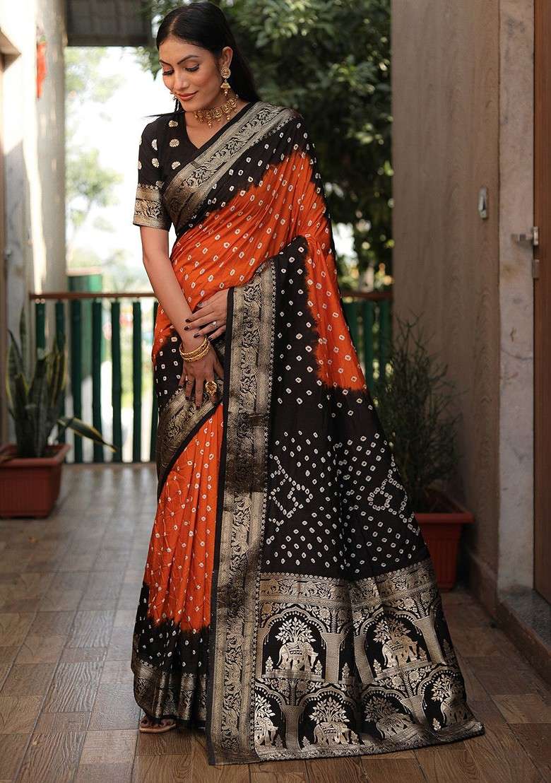 Orange Zari Pure Silk Bandhani Saree Set for Diwali | Wedding & Festive Wear - Indya
