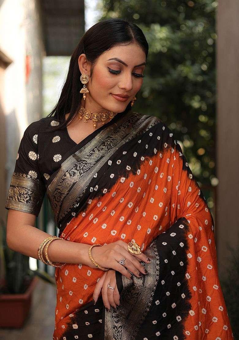 Orange Zari Pure Silk Bandhani Saree Set for Diwali | Wedding & Festive Wear - Indya