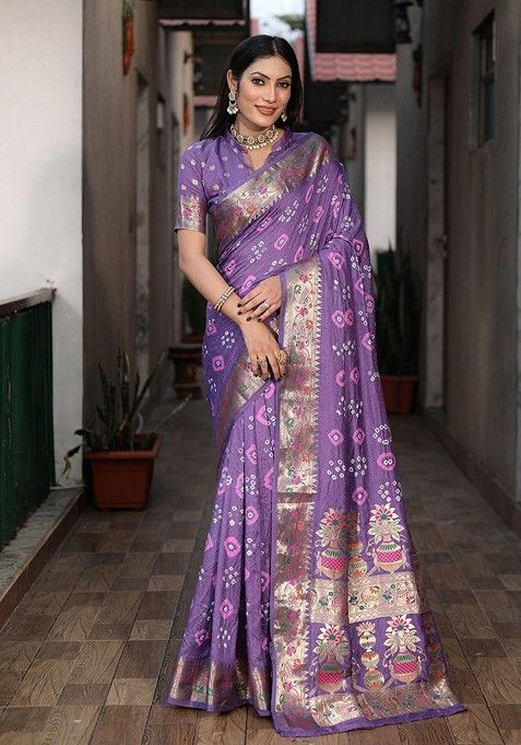 Purple Zari Pure Silk Bandhani Saree Set