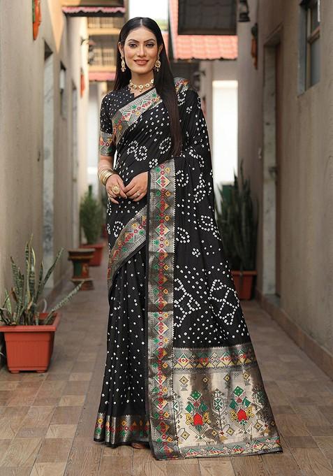 Black Bandhani Print Zari Pure Silk Saree Set