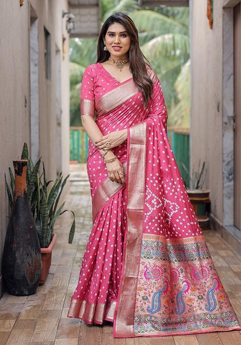 Peach Zari Pure Silk Bandhani Saree Set