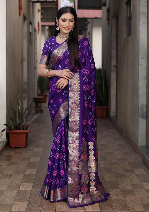 Purple Zari Pure Silk Bandhani Saree Set