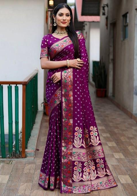 Purple Zari Pure Silk Bandhani Saree Set