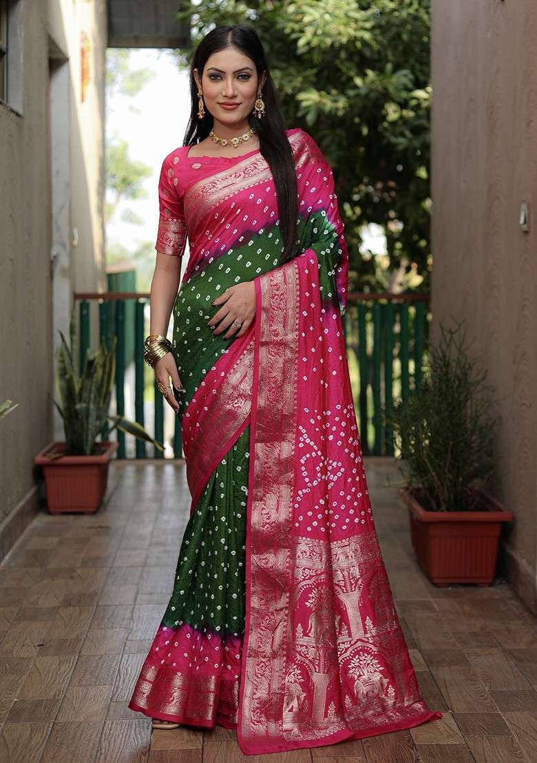 Lime Green Zari Pure Silk Bandhani Saree Set for Diwali and Festive Wear - Indya