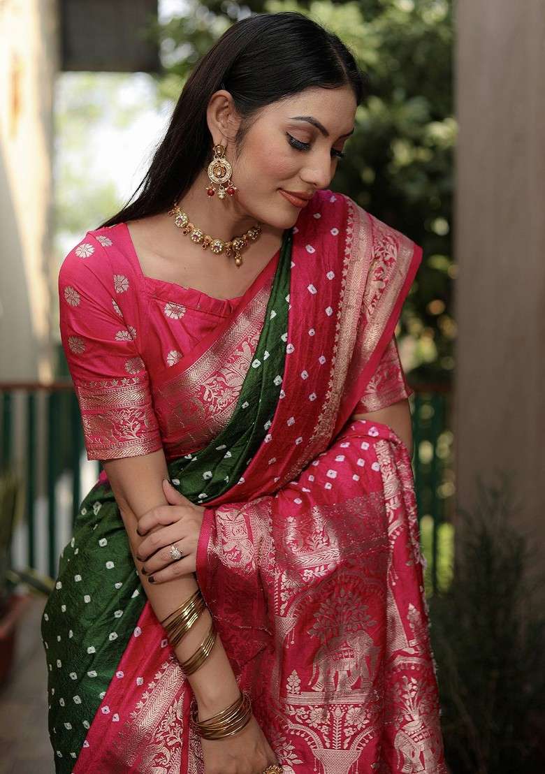 Lime Green Zari Pure Silk Bandhani Saree Set for Diwali and Festive Wear - Indya
