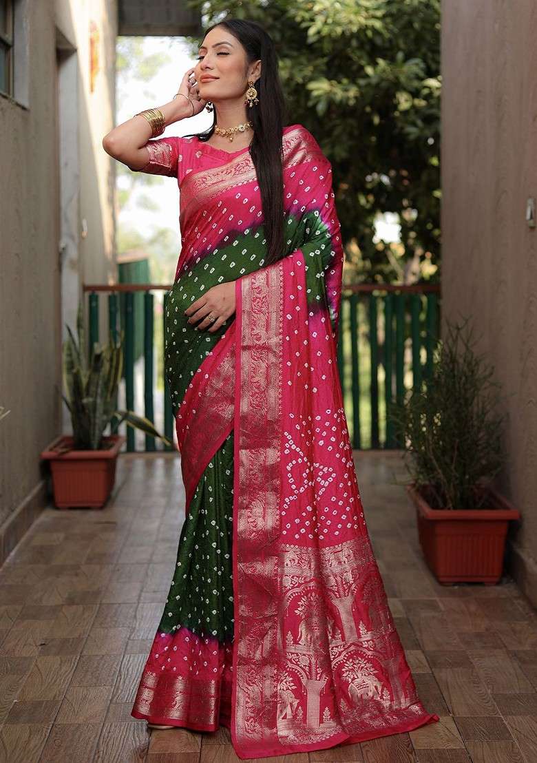 Lime Green Zari Pure Silk Bandhani Saree Set for Diwali and Festive Wear - Indya