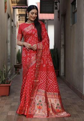Red Bandhani Print Zari Pure Silk Saree Set