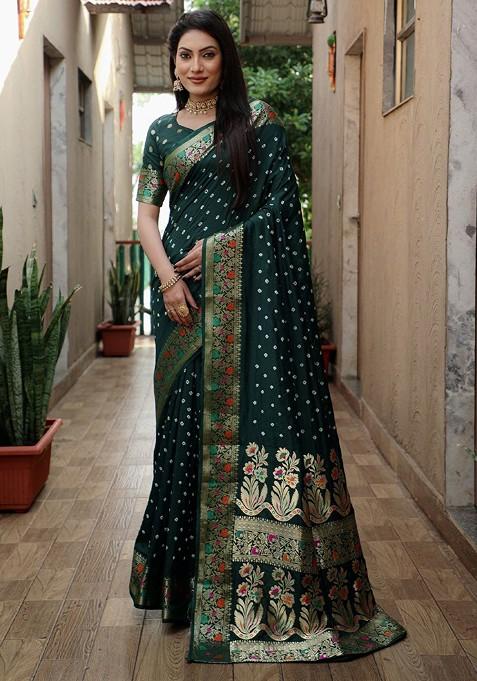 Green Zari Pure Silk Bandhani Saree Set