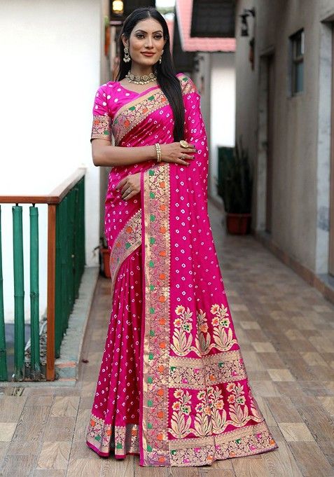 Pink Zari Pure Silk Bandhani Saree Set