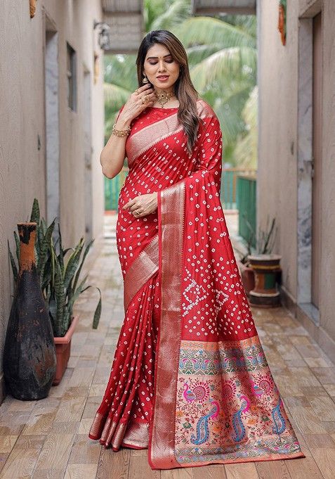 Red Zari Pure Silk Bandhani Saree Set