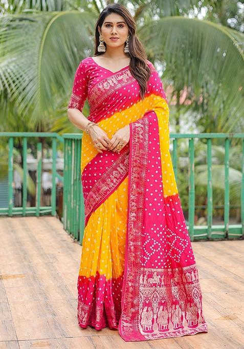 Pink Printed Pure Silk Bandhani Saree Set