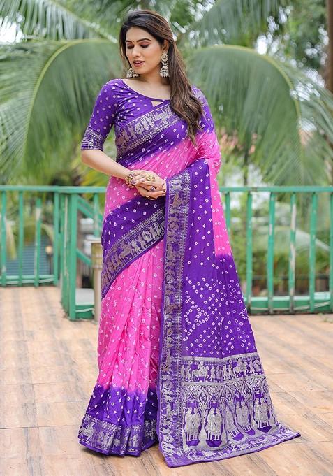 Purple Printed Pure Silk Bandhani Saree Set