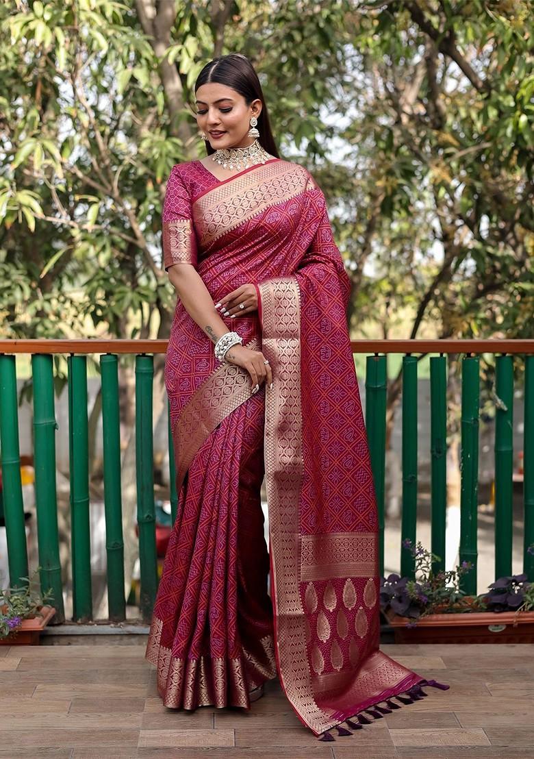 Purple Zari Pure Silk Bandhani Saree Set