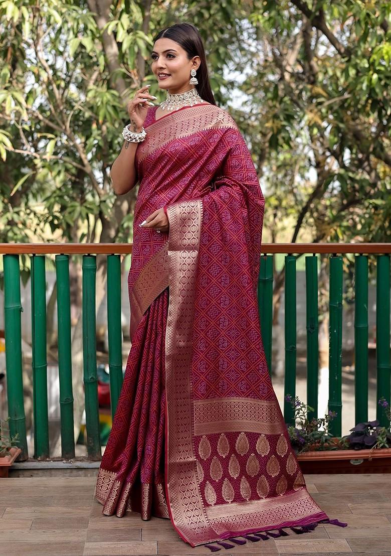 Purple Zari Pure Silk Bandhani Saree Set