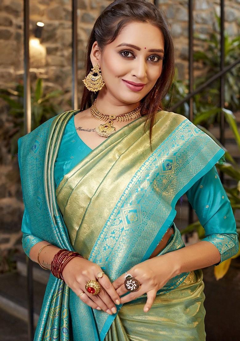 Green Woven Tissue Banarasi Saree Set - Indya