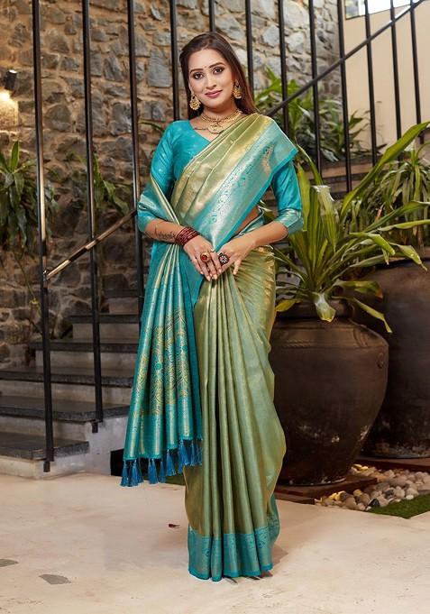 Green Woven Tissue Banarasi Saree Set