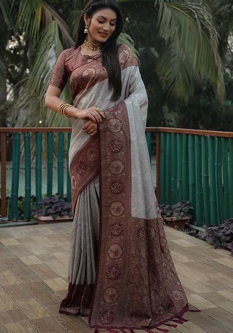 Grey Ethnic Motifs Zari Pure Kanjeevaram Silk Saree Set