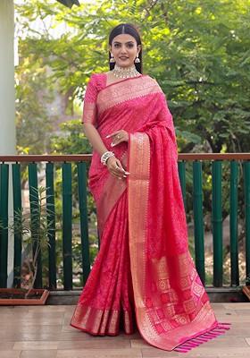 Pink Woven Zari Pure Silk Bandhani Saree Set