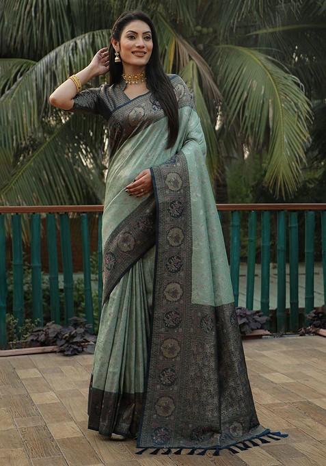 Green Woven Zari Pure Kanjeevaram Silk Saree Set