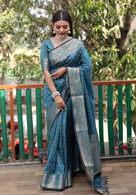 Teal Woven Zari Pure Silk Bandhani Saree Set