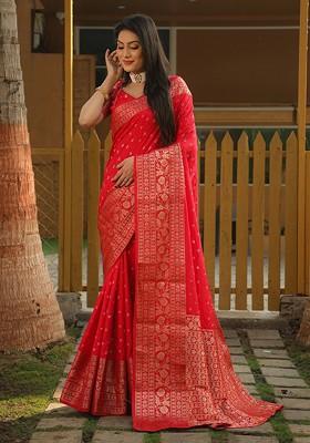 Red Zari Woven Pure Silk Bandhani Saree Set