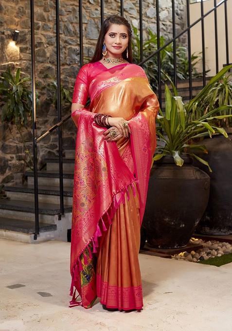 Orange Woven Zari Tissue Banarasi Saree Set