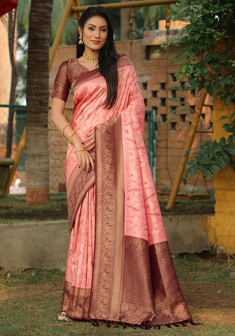 Peach Woven Pure Kanjeevaram Silk Saree Set