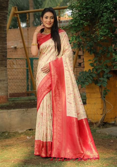 Off White Woven Zari Pure Kanjeevaram Silk Saree Set