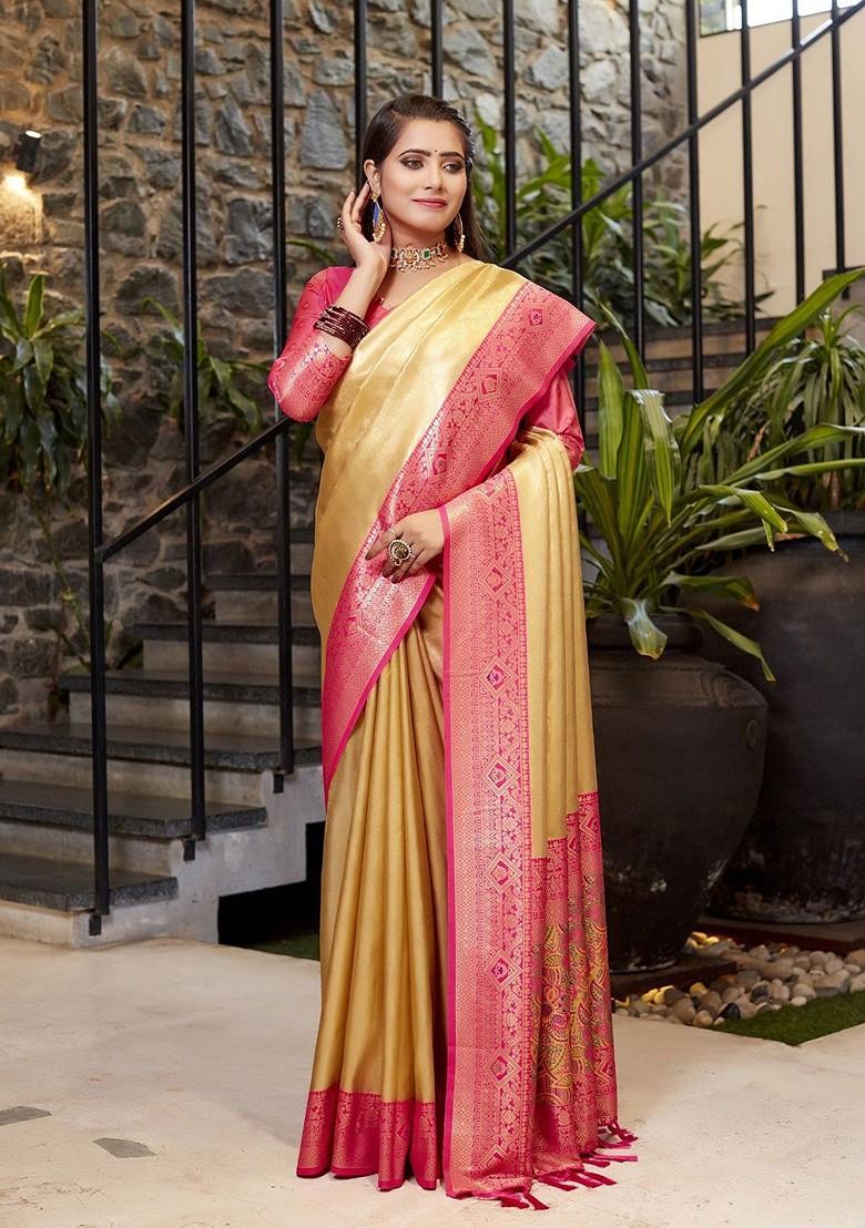 Gold Ethnic Motifs Woven Banarasi Saree Set