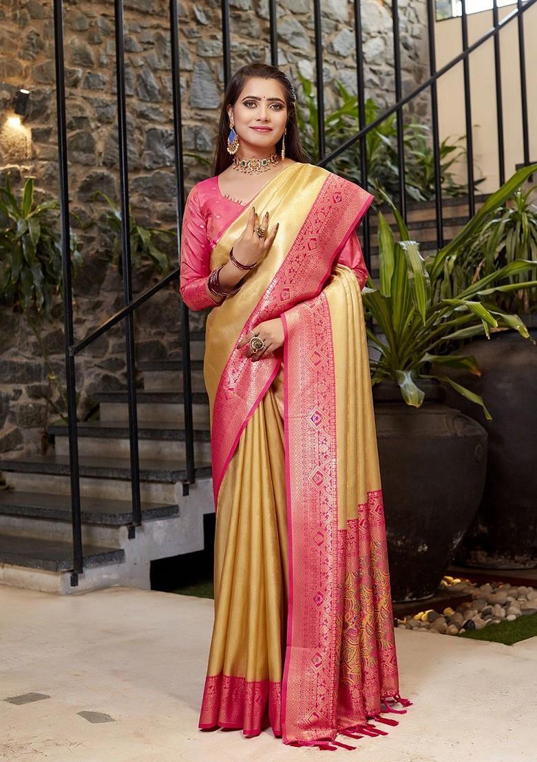 Gold Ethnic Motifs Woven Banarasi Saree Set