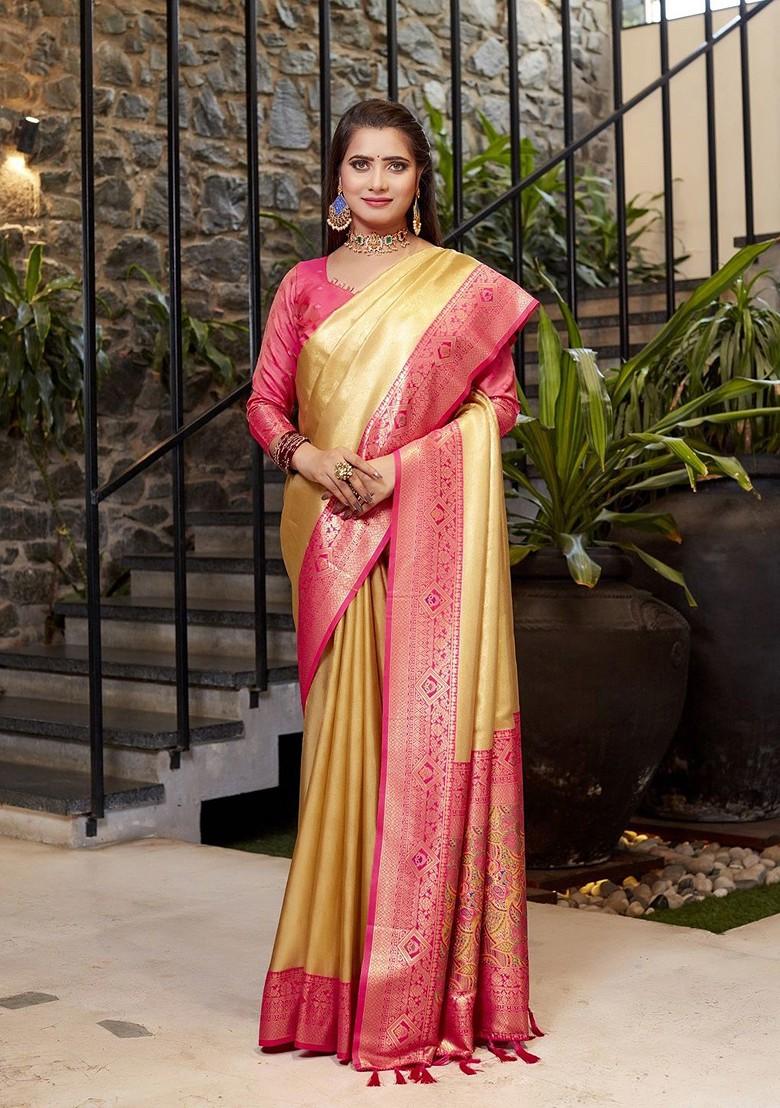 Gold Ethnic Motifs Woven Banarasi Saree Set