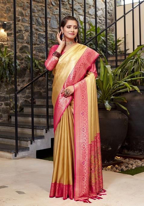 Gold Ethnic Motifs Woven Banarasi Saree Set