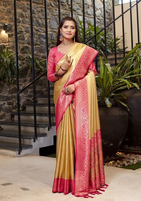 Gold Ethnic Motifs Woven Banarasi Saree Set