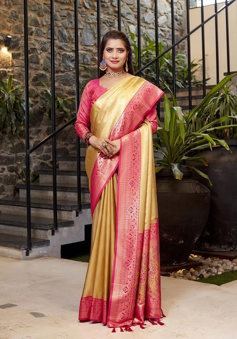Gold Ethnic Motifs Woven Banarasi Saree Set