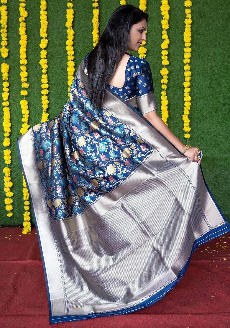 Navy Blue Navy Floral Motif Woven Zari Pure Banarasi Silk Saree Set