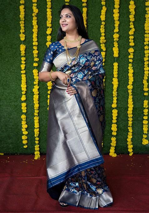 Navy Blue Navy Floral Motif Woven Zari Pure Banarasi Silk Saree Set