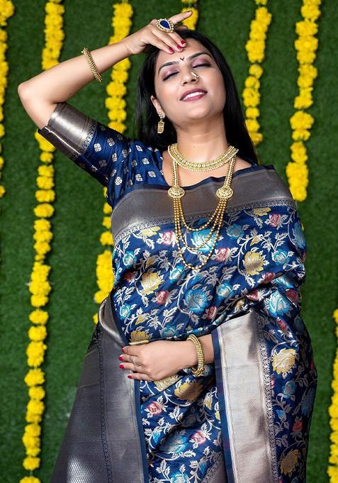 Navy Blue Navy Floral Motif Woven Zari Pure Banarasi Silk Saree Set