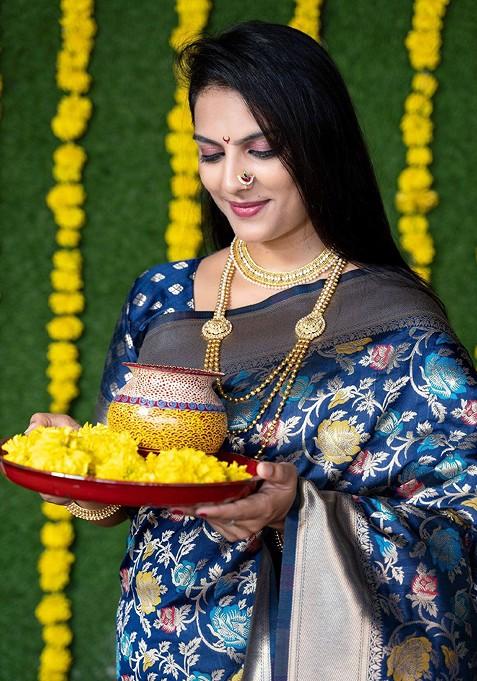 Navy Blue Navy Floral Motif Woven Zari Pure Banarasi Silk Saree Set
