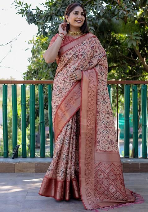 Red Zari Pure Silk Bandhani Saree Set